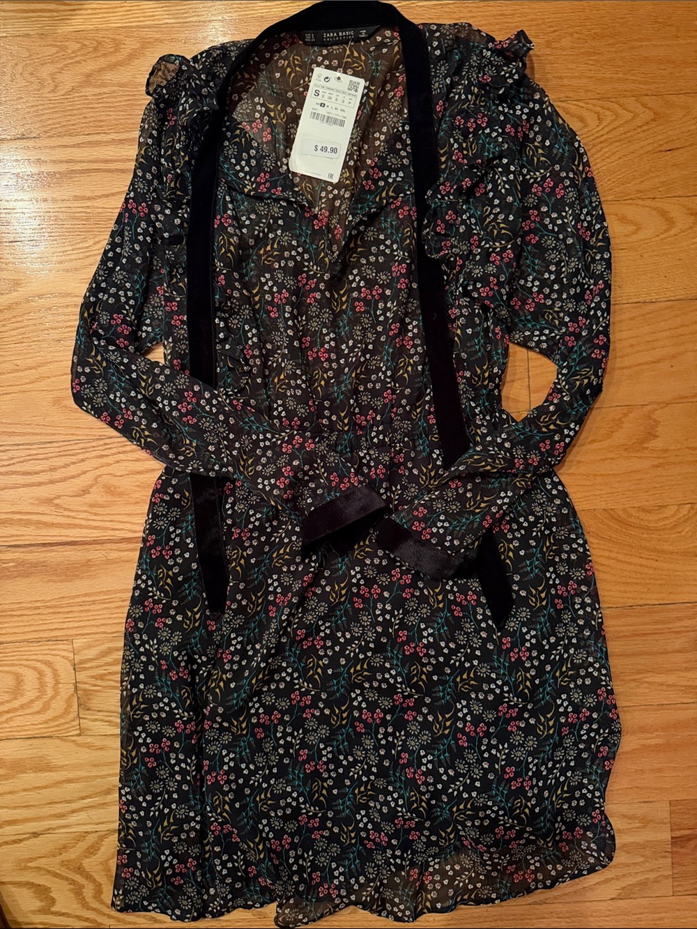 Zara Black Floral Long-Sleeve Dress with Velvet Trim